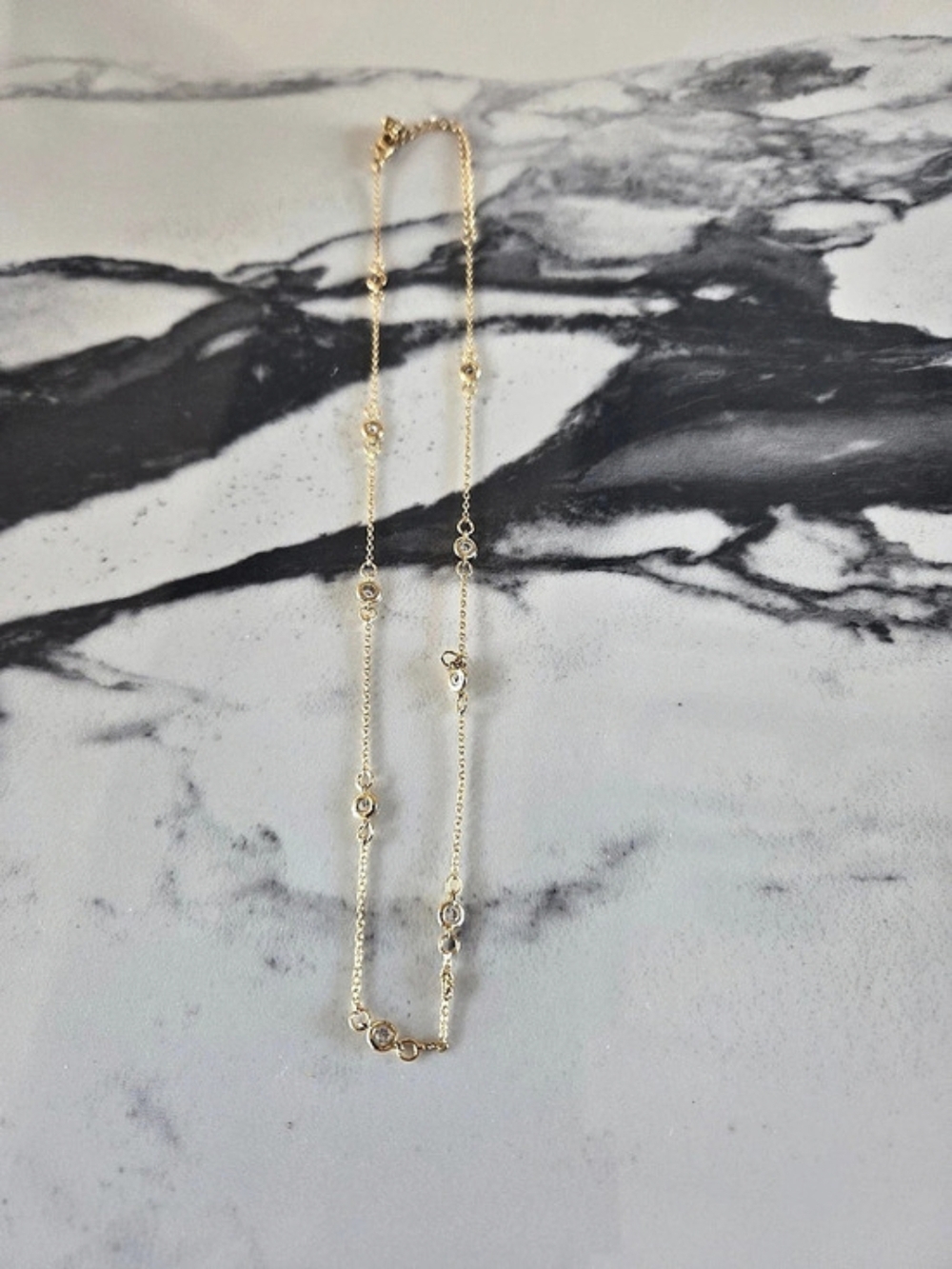 Gold-Tone Station Necklace Dainty Crystal Bezel Chain Lariat Style